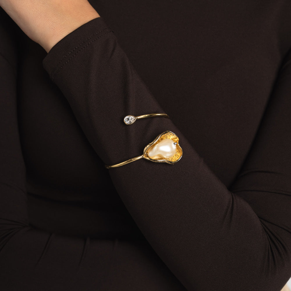 Bracelet-Brass-Creamrose Light Pearl-White Crystal