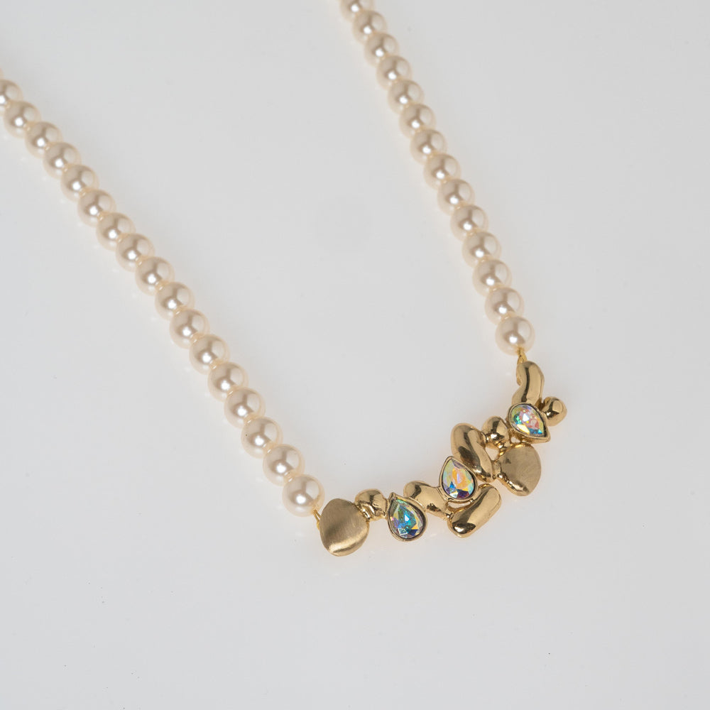 Necklace-Brass-AB Crystal-White Pearl
