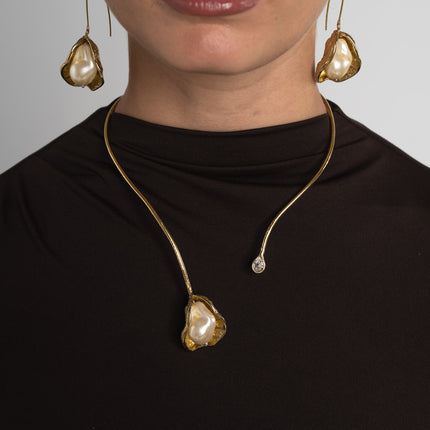 Necklace-Brass-Creamrose Light Pearl-White Crystal