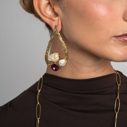 Earrings-Brass-Amethyst Crystal-Creamrose Light Pearl