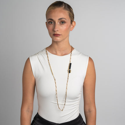 Necklace-Brass-Black Resin-White Crystal