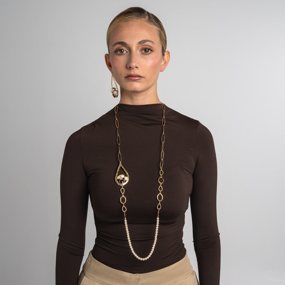 Necklace-Brass-Amethyst Crystal-Creamrose Light Pearl