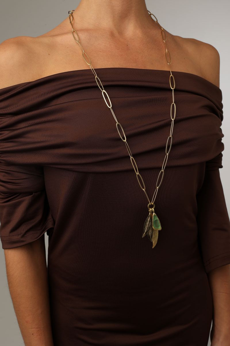 Handmade brass statement charm necklace with leaf and resin pendants, artisan jewelry made in Greece