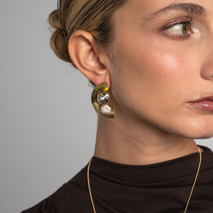 Earrings-Brass-Velvet Crystal-Creamrose Light Pearl-Clips