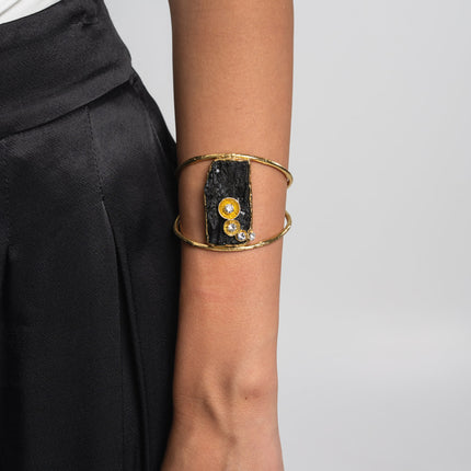 Bracelet-Brass-Black Resin-White Crystal
