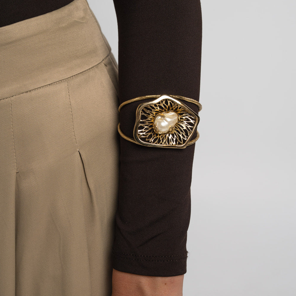 Opal Bracelet — handmade brass double wire cuff bracelet with filigree panel and baroque pearl, worn on model