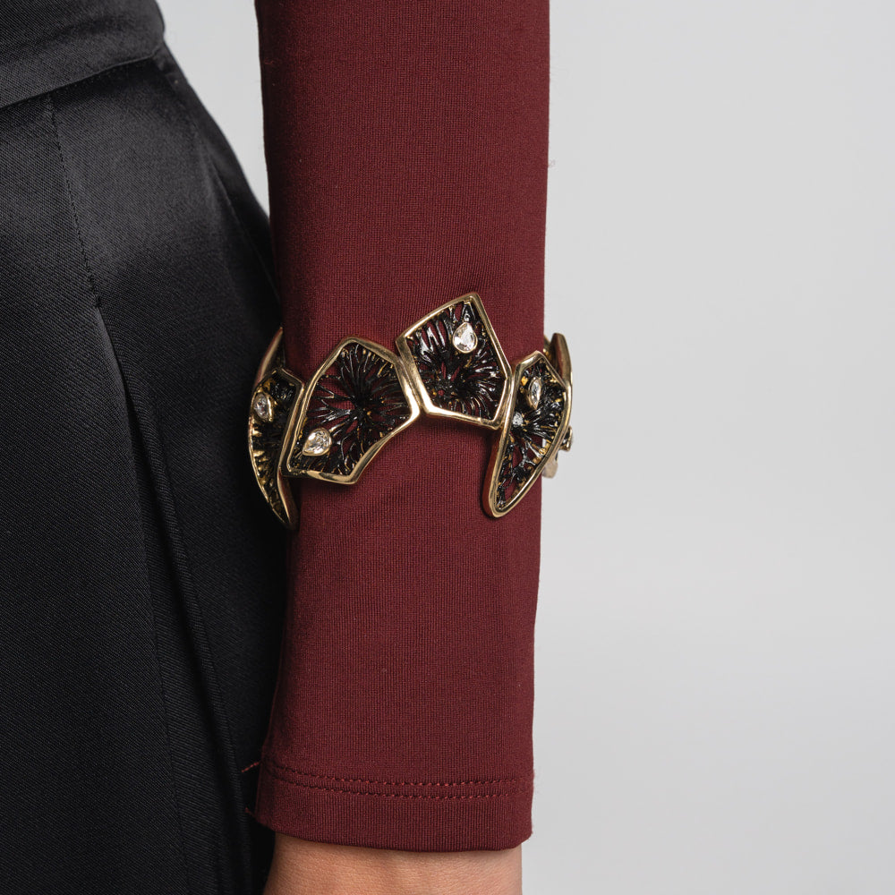 Canopy Bracelet II — handmade brass filigree statement bracelet with crystal stones, worn on model