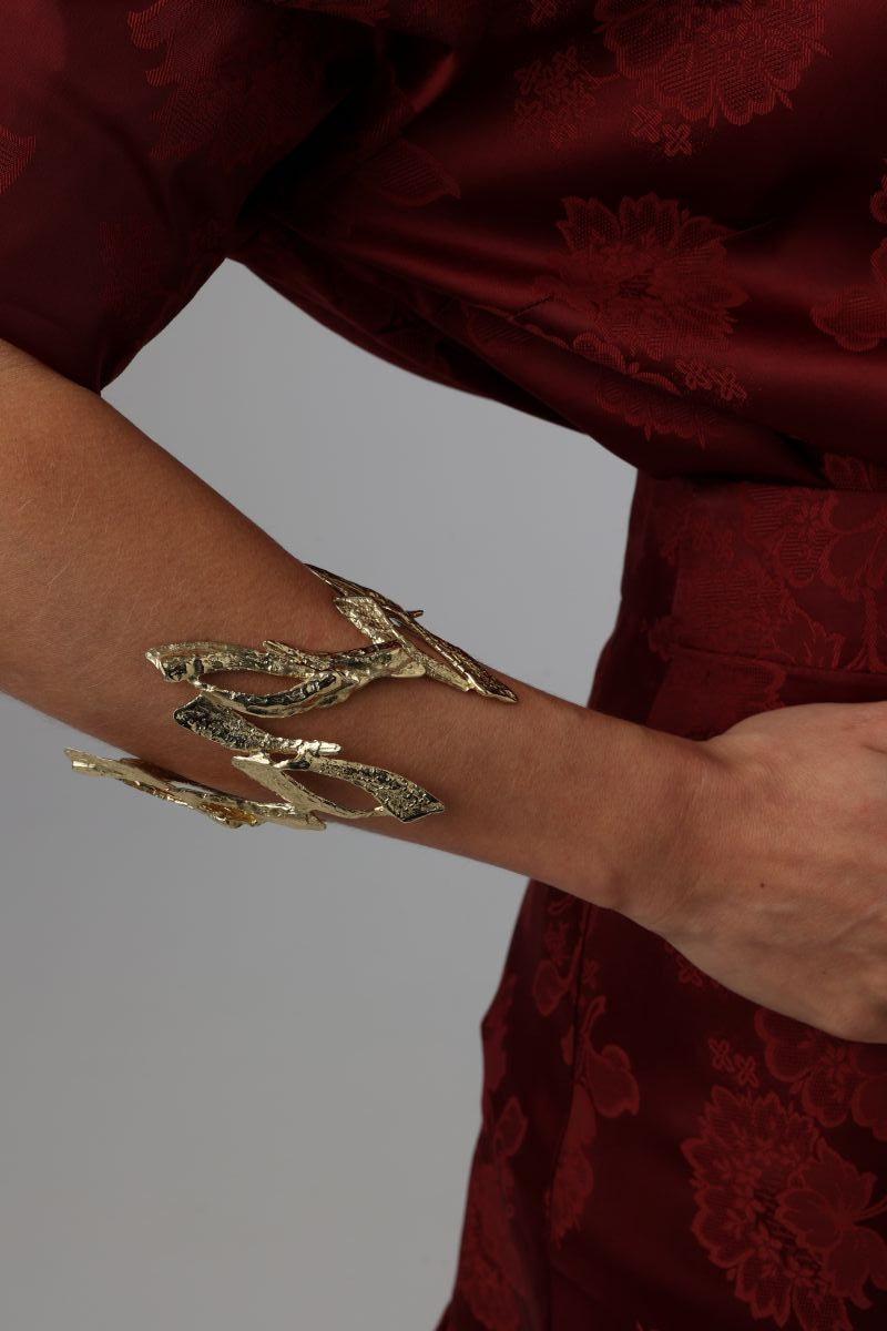 Double Nera Bracelet on model — handmade brass bold statement double cuff, artisan jewelry