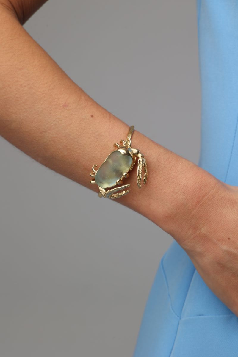 Crabby Bracelet detail — handmade brass crab motif bracelet with resin stone, sculptural artisan jewelry
