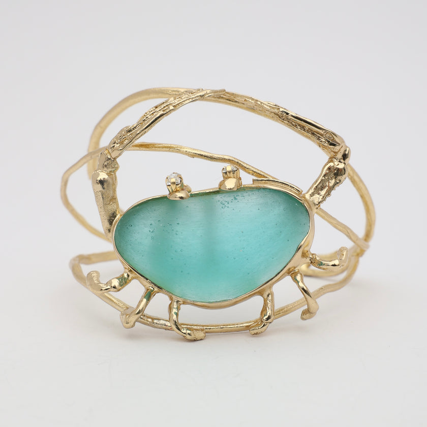 Claw Crabby Bracelet — handmade brass wide cuff bracelet with textured claw detail and crystal accent