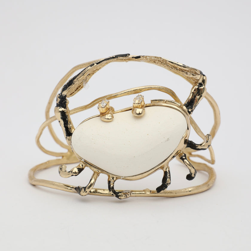 Claw Crabby Bracelet — handmade brass open cuff with crab leg motif, resin stone and crystals
