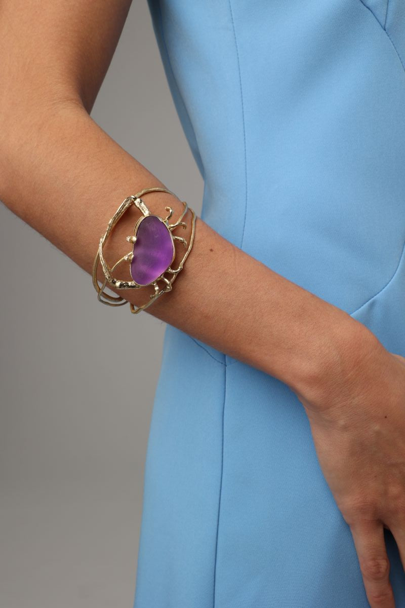 Claw Crabby Bracelet — handmade brass sculptural crab cuff bracelet with resin stone and crystal accents