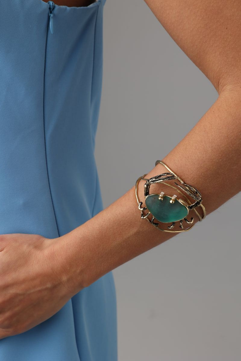 Claw Crabby Bracelet — handmade brass open cuff bracelet with organic crab motif and stone setting