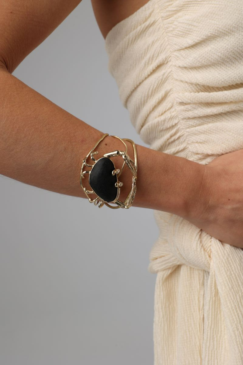 Claw Crabby Bracelet — handmade brass wide cuff bracelet with interlocking crab leg structure