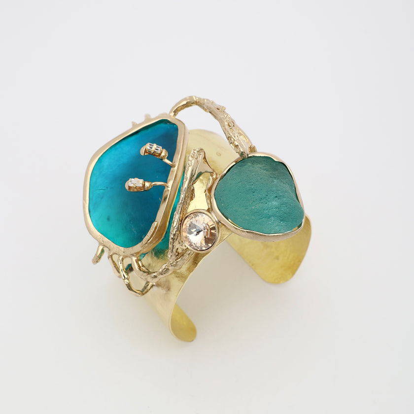 Crabby The Thief Bracelet — handmade brass bold statement bracelet with layered resin stone centerpiece