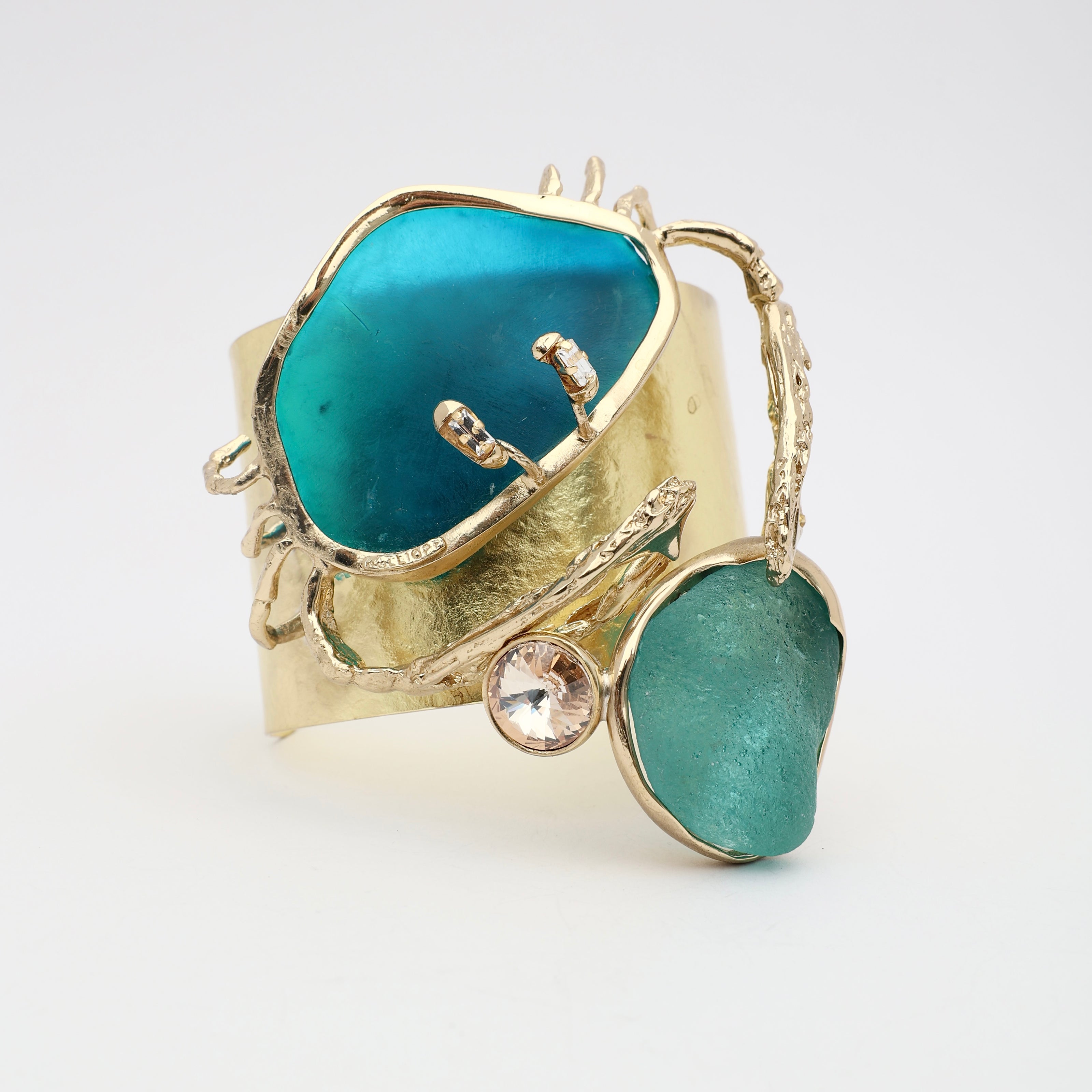 Crabby The Thief Bracelet — handmade brass artisan cuff bracelet with crab, resin stones and baguette crystals