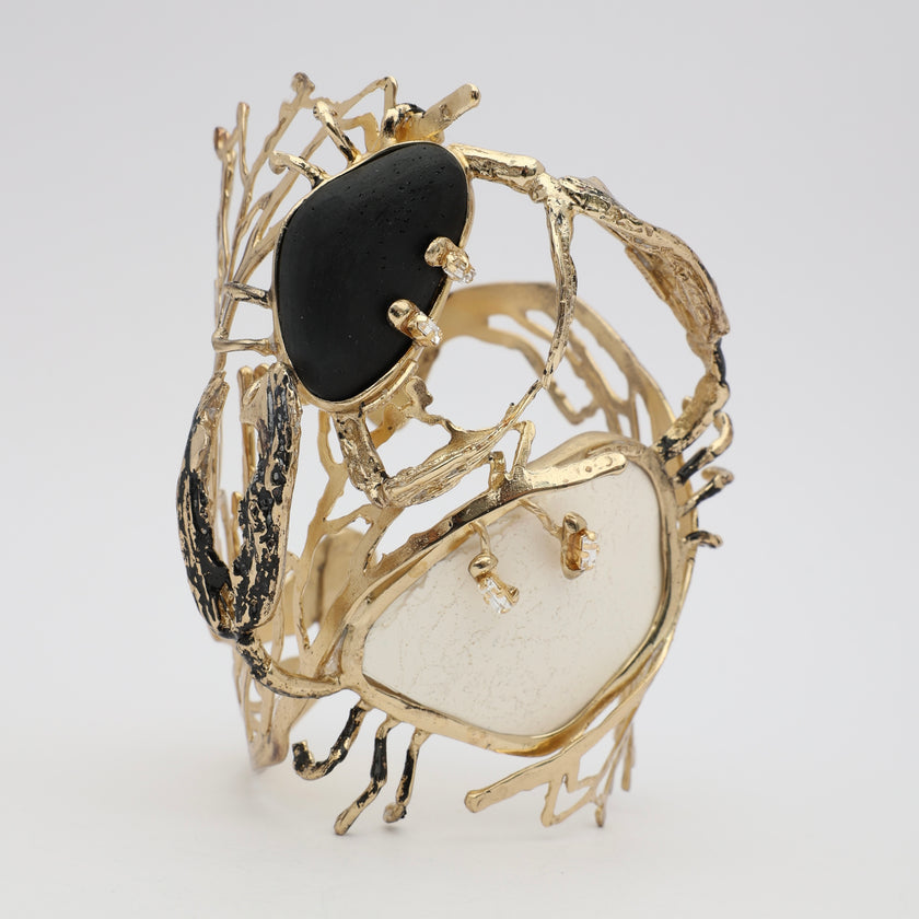 Crabby The Dancers Bracelet — handmade brass and oxidised brass artisan cuff with dual crab motif and baguette crystals