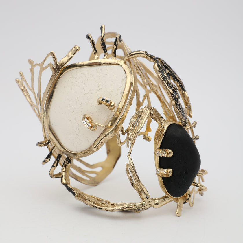 Crabby The Dancers Bracelet — handmade brass bold sculptural cuff bracelet with two-tone resin stones and sea creature design