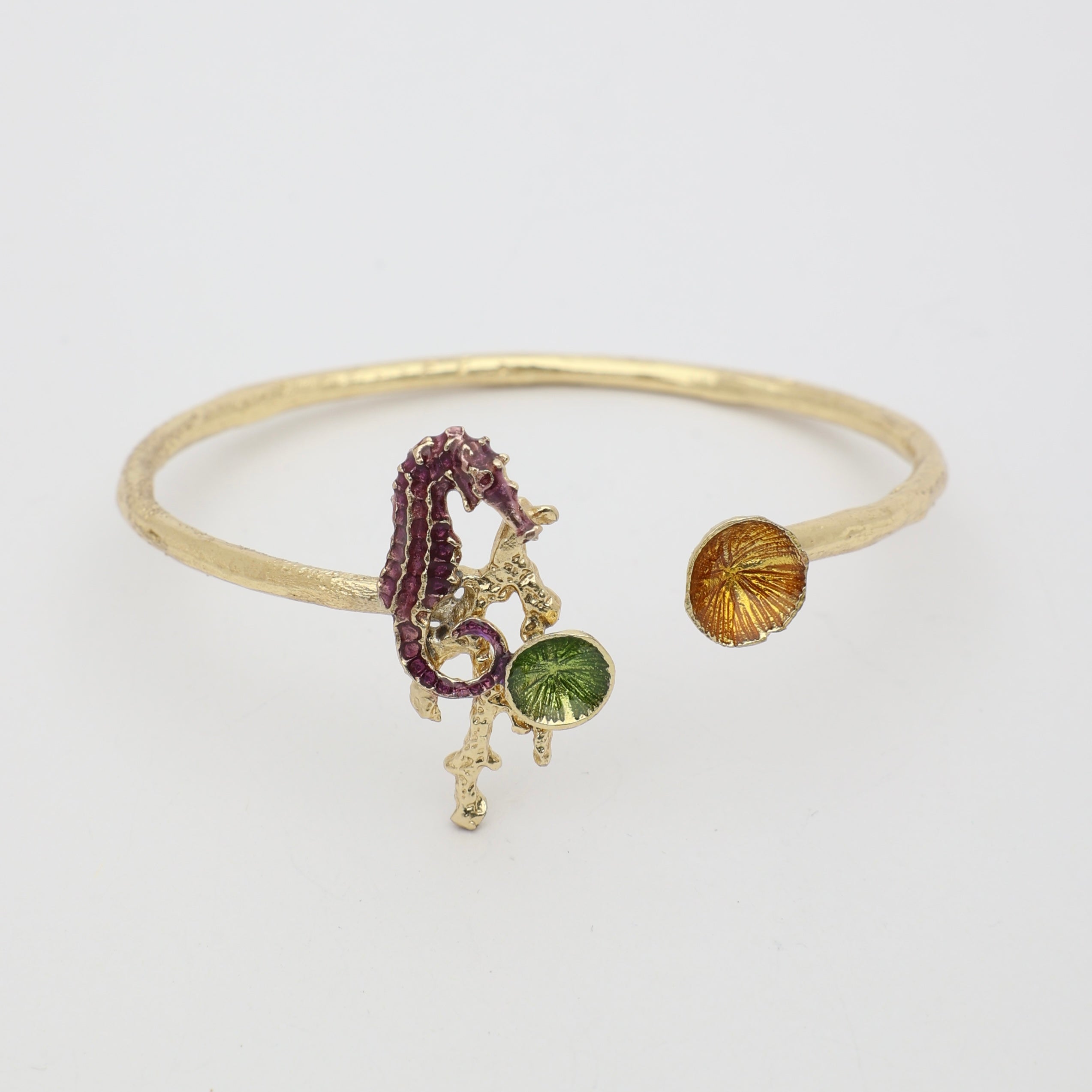 Coralia Bracelet — handmade brass enamel seahorse cuff bracelet, artisan jewelry made in Greece