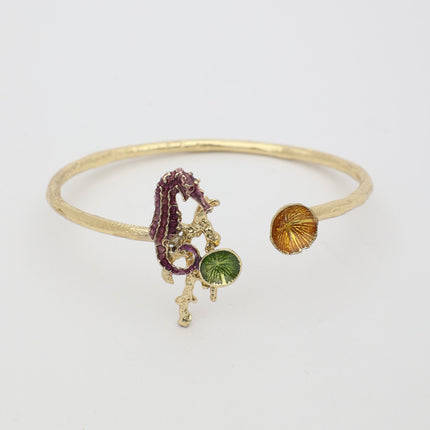 Coralia Bracelet — handmade brass enamel seahorse cuff bracelet, artisan jewelry made in Greece