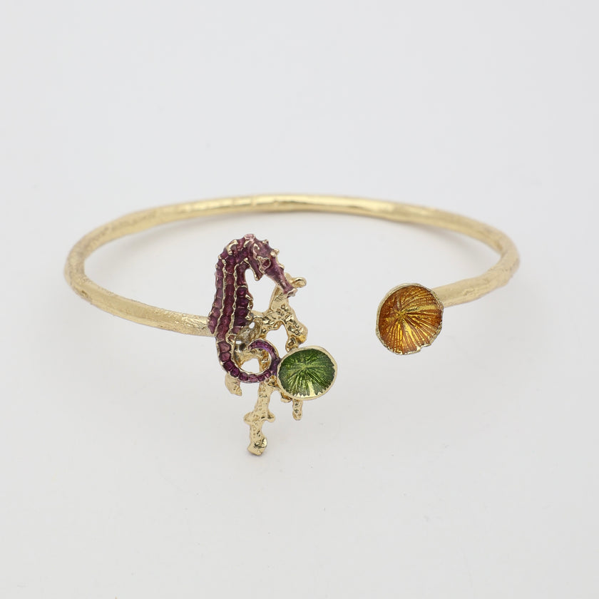 Coralia Bracelet — handmade brass enamel seahorse cuff bracelet, artisan jewelry made in Greece
