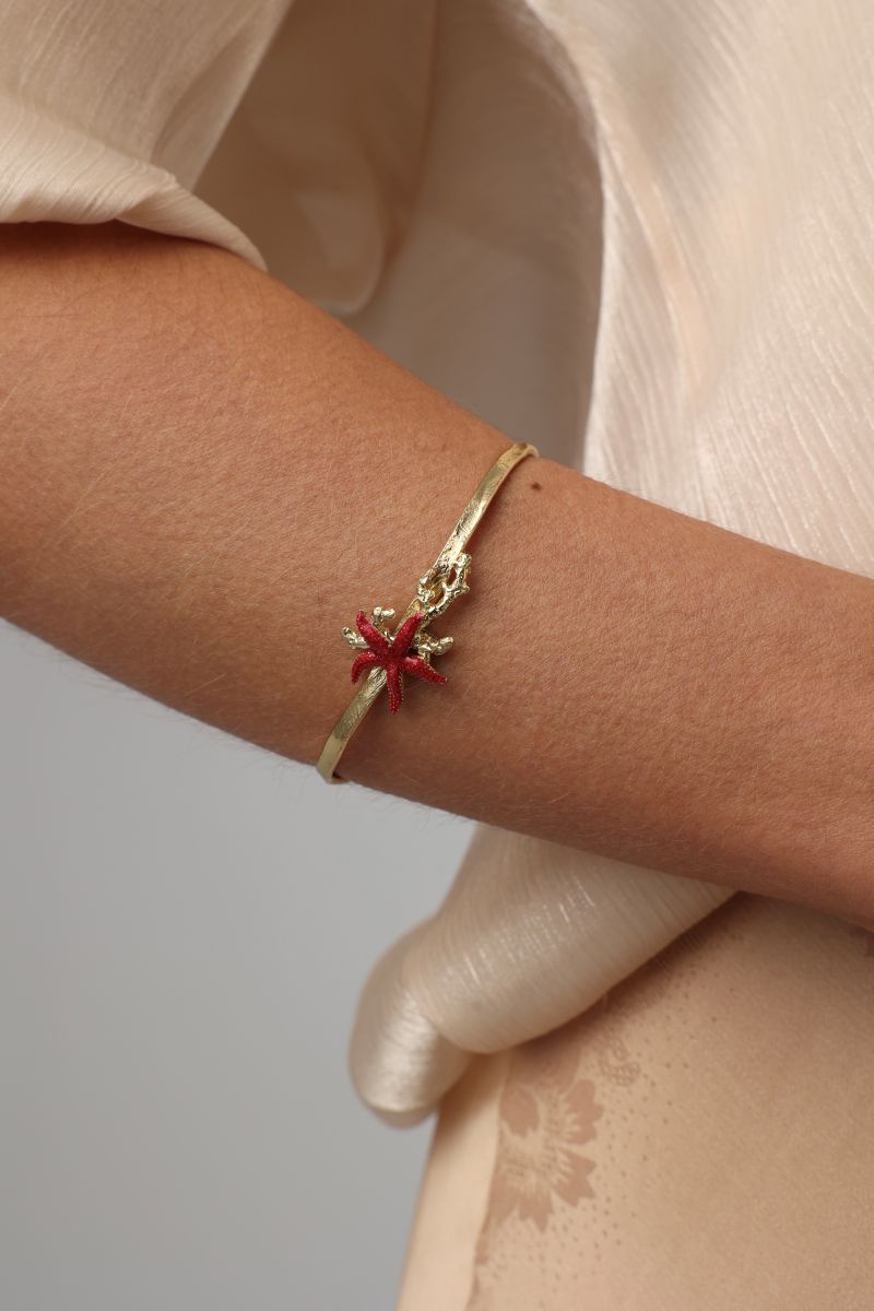 Astel Bracelet — handmade brass open cuff with enamel starfish and coral motif
