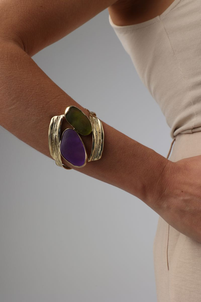 handmade brass gemstone cuff bracelet on model, side wrist view