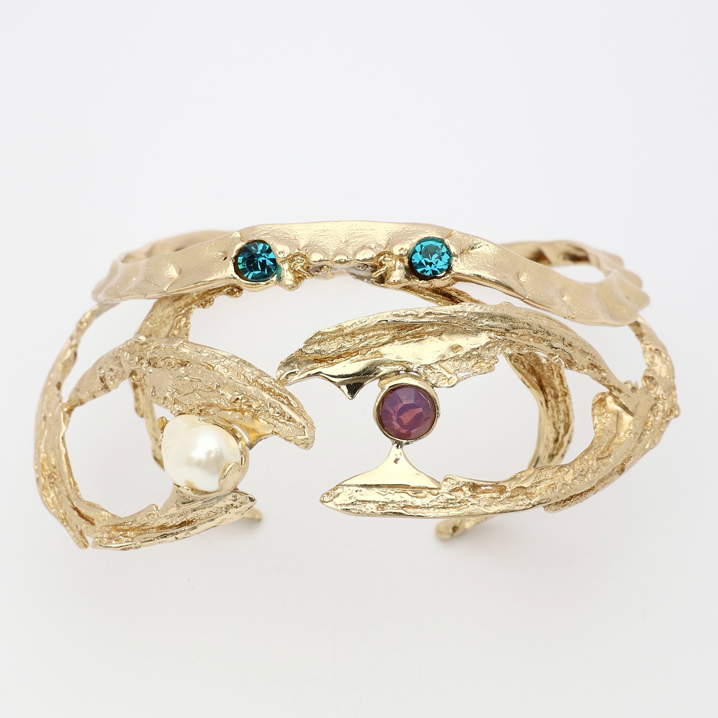 King Astor Bracelet — handmade brass bold wide cuff bracelet with crystal and pearl, unique designer jewelry