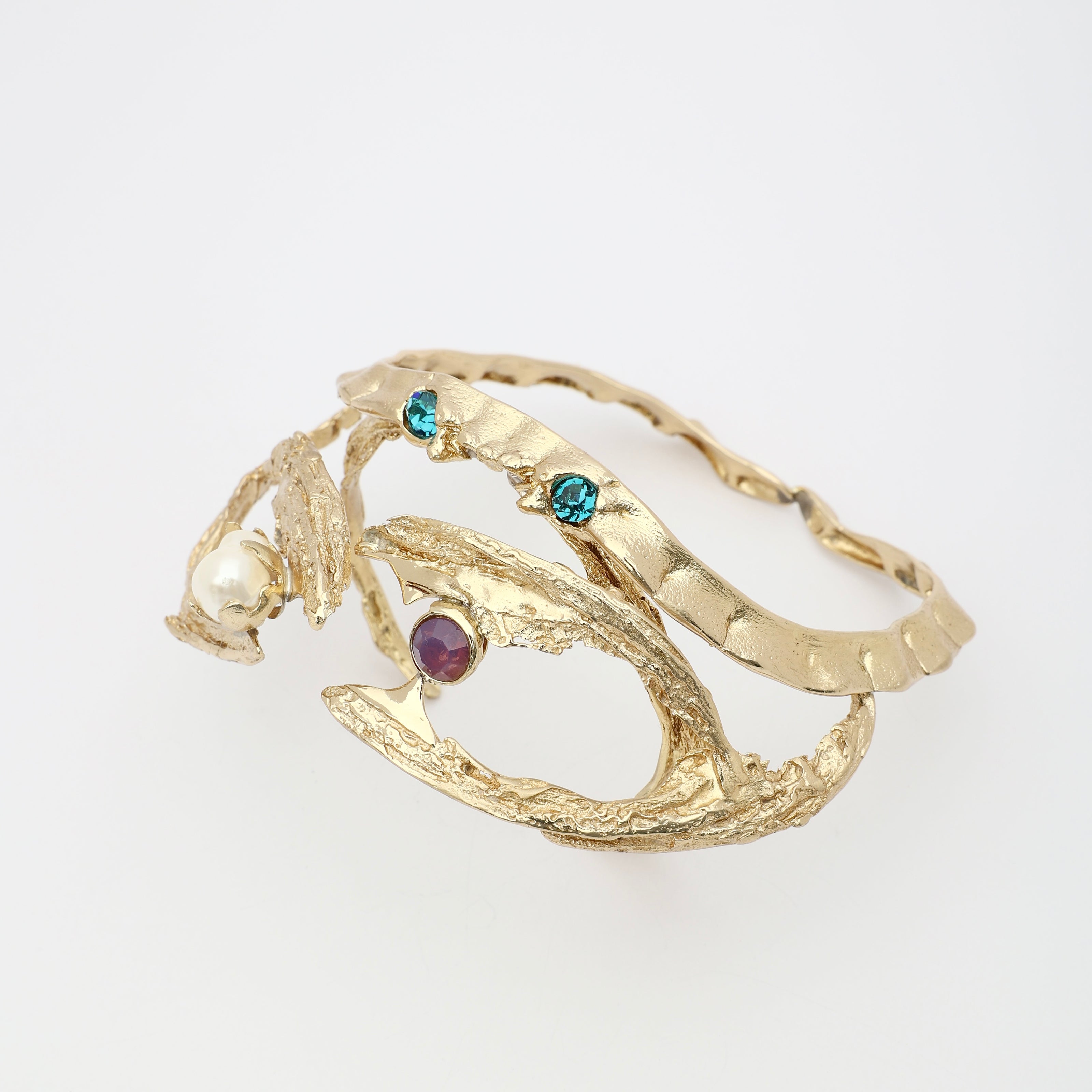 King Astor Bracelet — handmade brass sculptural cuff with crystals and baroque pearl, artisan jewelry made in Greece