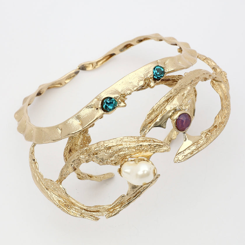 King Astor — handmade brass sculptural bracelete with crystals and baroque pearl, artisan jewelry made in Greece