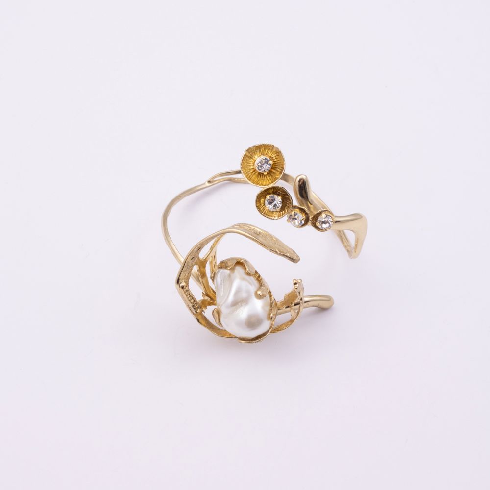 Brass cuff bracelet with pearl nest and crystal floret detail, product shot, Sprinkles
