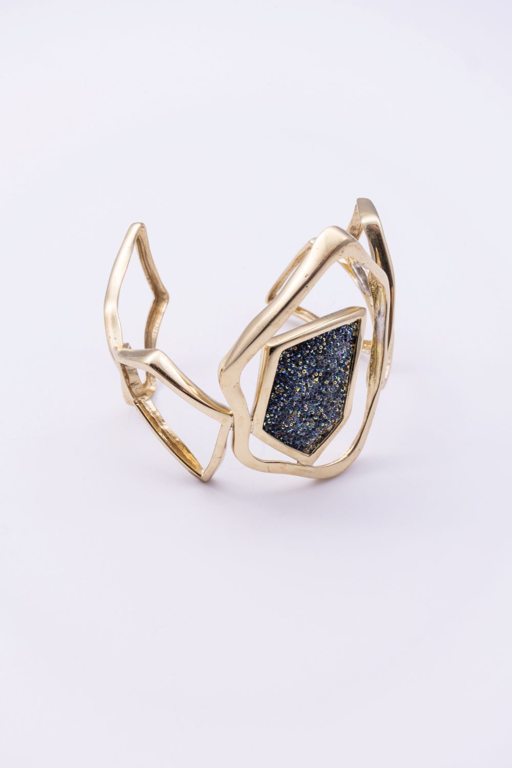 Sculptural gold cuff bracelet with compressed crystal surface, Glitter Kiss