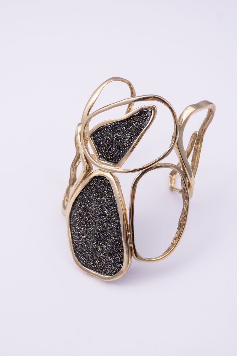 Handmade organic gold statement cuff with crystal panels, handmade in Greece