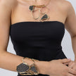 Glow Necklace on model: handmade brass sculptural collar necklace with sparkling crystals