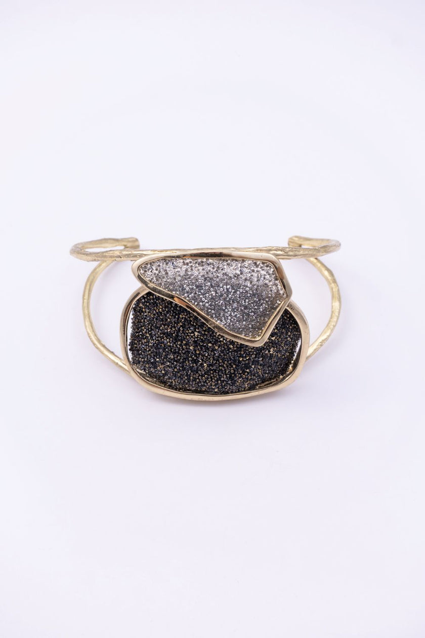 Front view of open double-band gold cuff bracelet with layered crystal panels, handmade in Greece