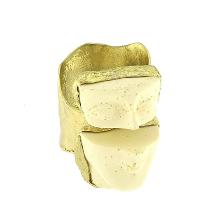 Handmade gold-tone brass wide band ring with sculpted ceramic face centerpiece inspired by Greek mythology — Morpheus Ring by Kalliope Jewelry, crafted in Greece