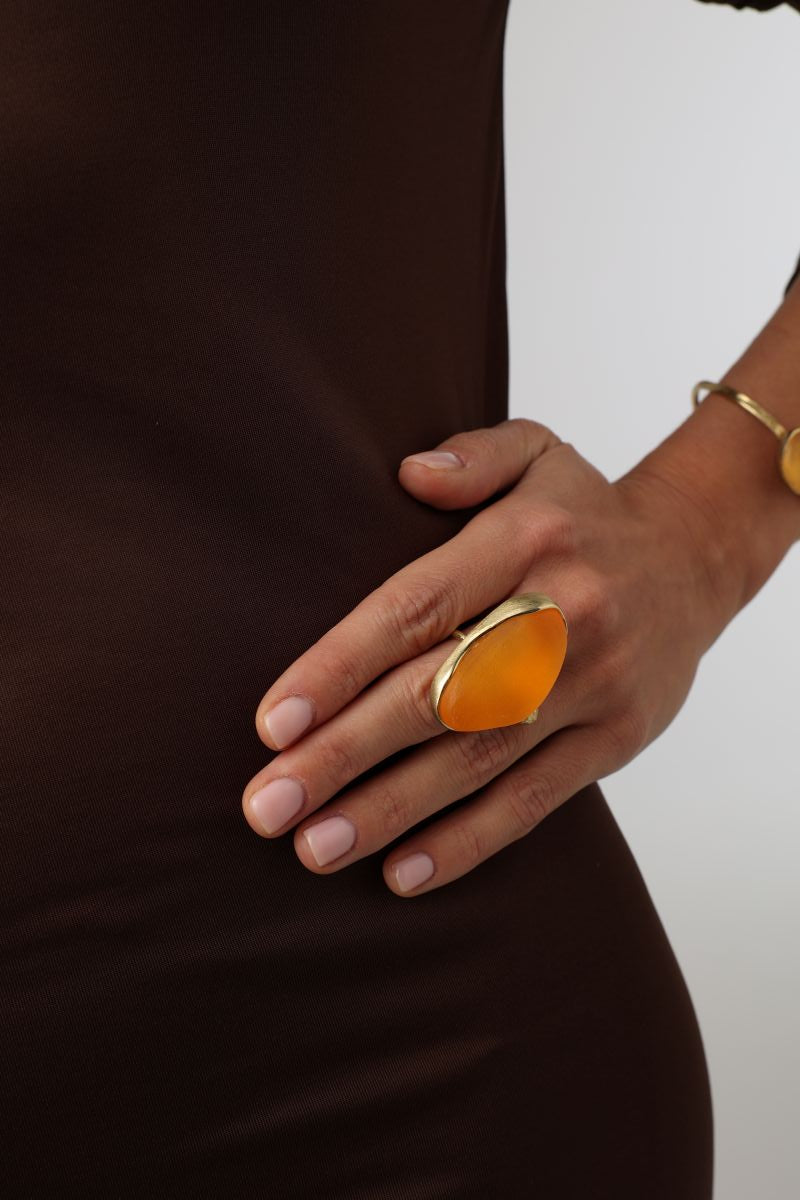 Elemental Pebble Ring view — handmade brass sculptural cocktail ring with oversized stone centerpiece