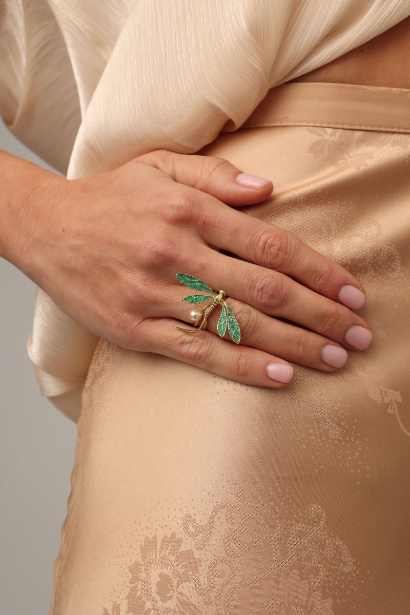 Buzz Ring — handmade brass enamel dragonfly ring with freshwater pearl, made in Greece
