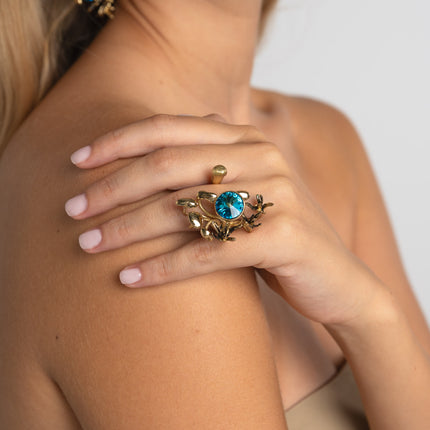 Handmade black oxidized brass ring with crystal and raised details, artisan Greek jewelry
