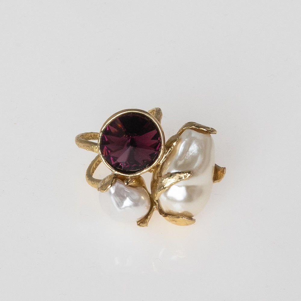 Handmade brass ring with crystal and round pearls, artisan Greek jewelry