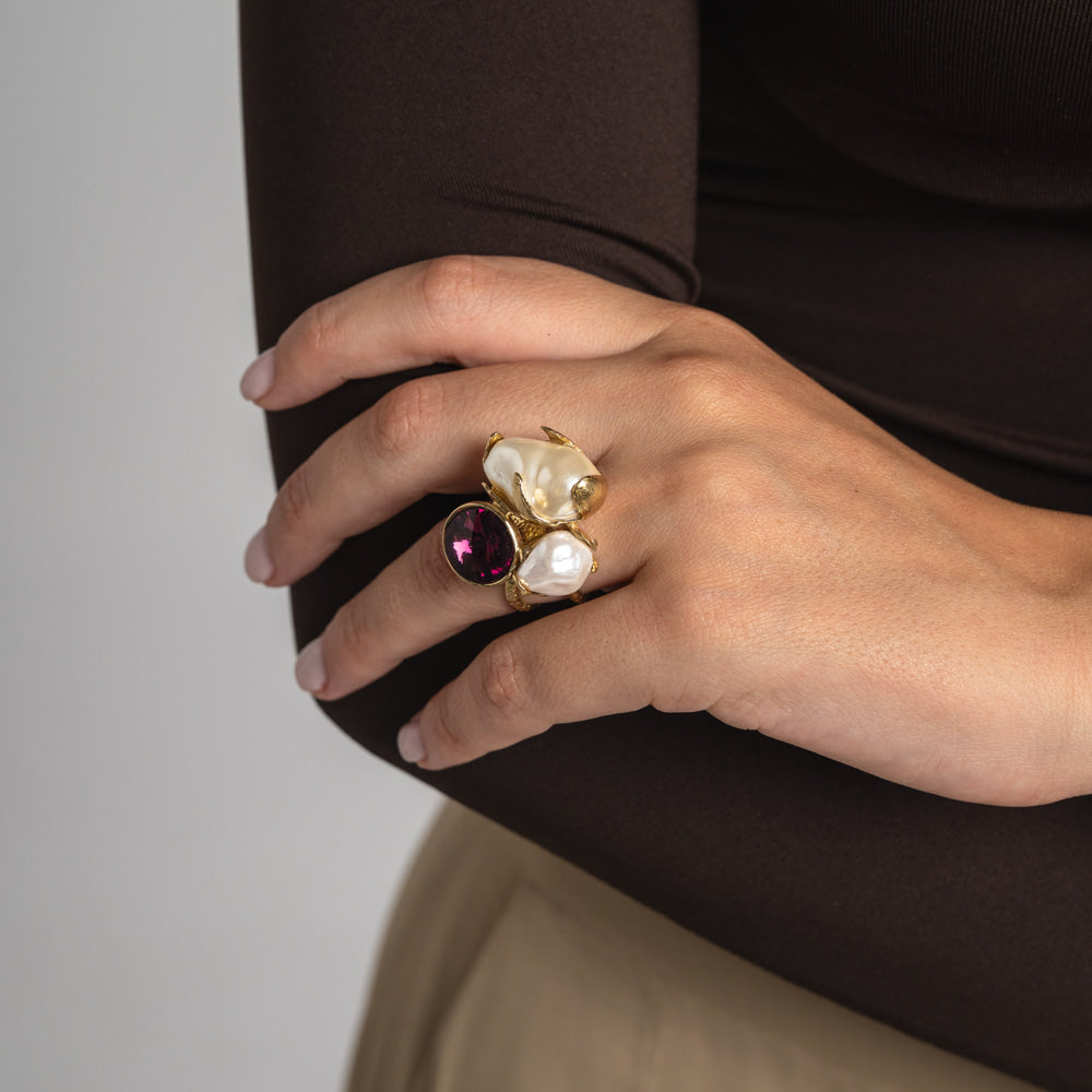 Handmade brass ring with crystal and round pearls, artisan Greek jewelry