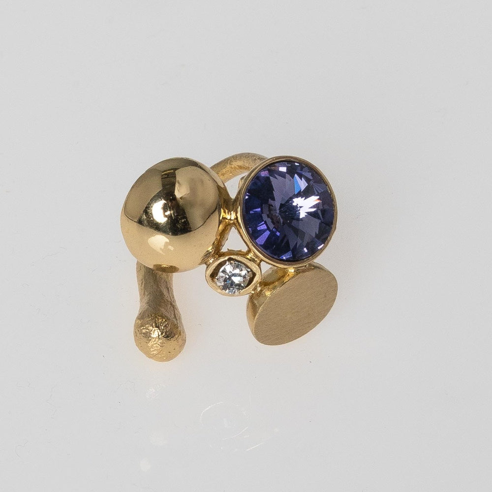 Handmade brass ring with double circle design and crystal, artisan Greek jewelry