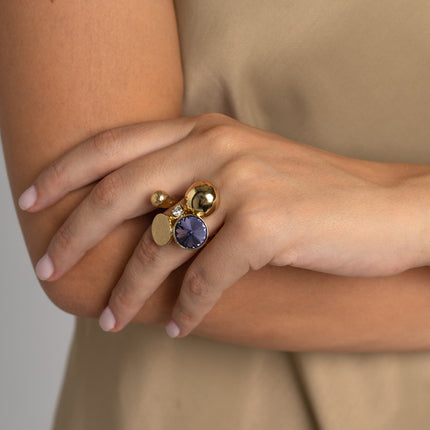 Handmade brass ring with double circle design and crystal, artisan Greek jewelry