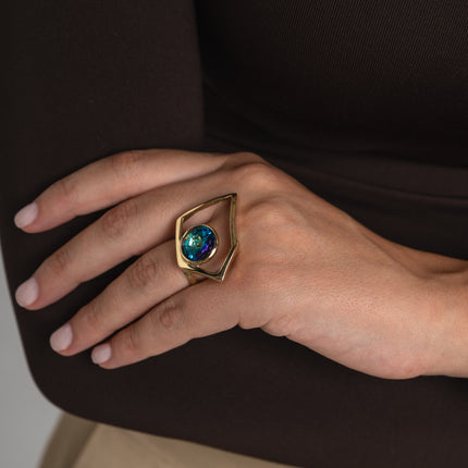 Handmade brass square ring with blue crystal, artisan Greek jewelry