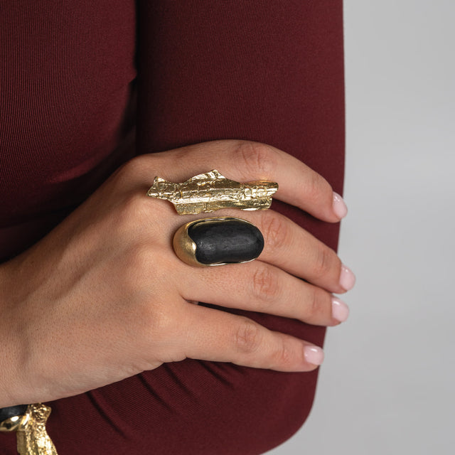 Hand wearing a gold and black ring on a plain background