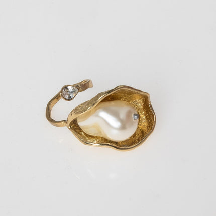 Brass ring with single pearl, handmade jewelry from Greece