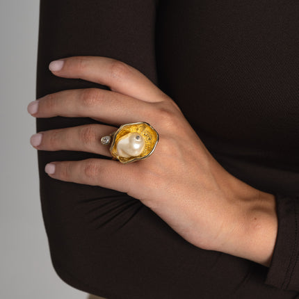 Brass ring with single pearl, handmade jewelry from Greece