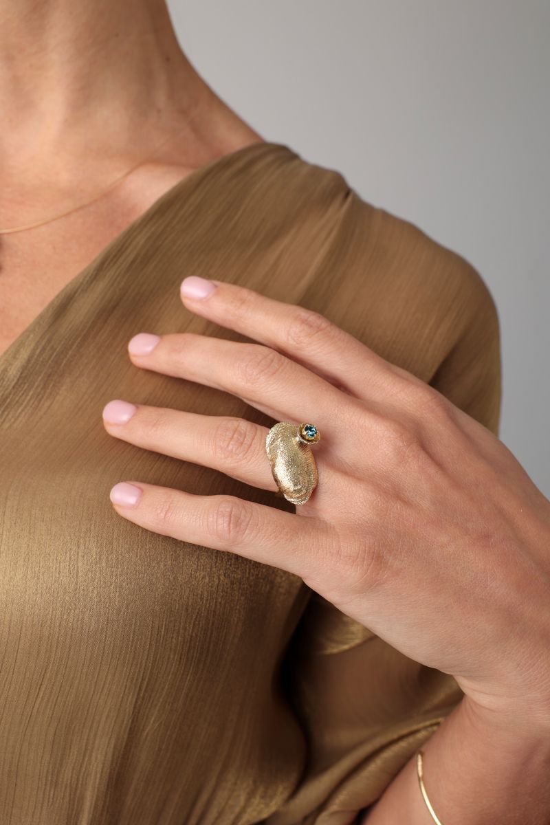 Limpet Ring  — handmade brass sculptural ring with wide textured and crystal accent