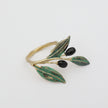 Handmade brass nature-inspired ring with olive leafs and fruit details, artisan jewelry made in Athens, Greece