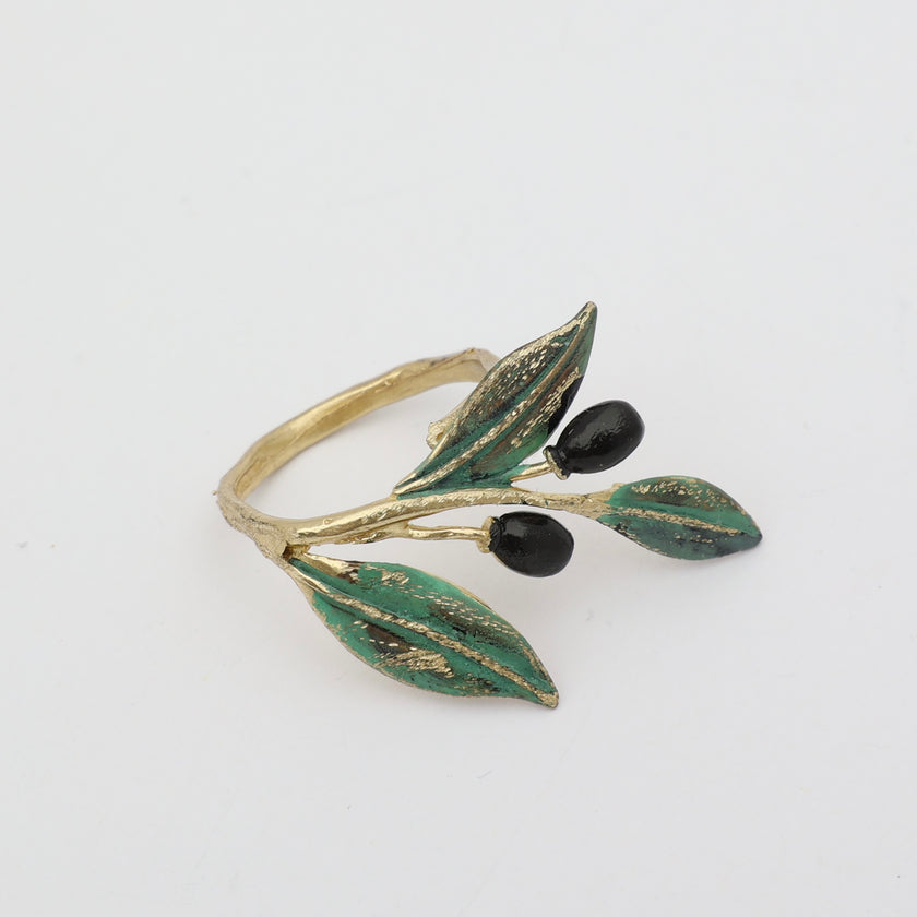 Handmade brass nature-inspired ring with olive leafs and fruit details, artisan jewelry made in Athens, Greece